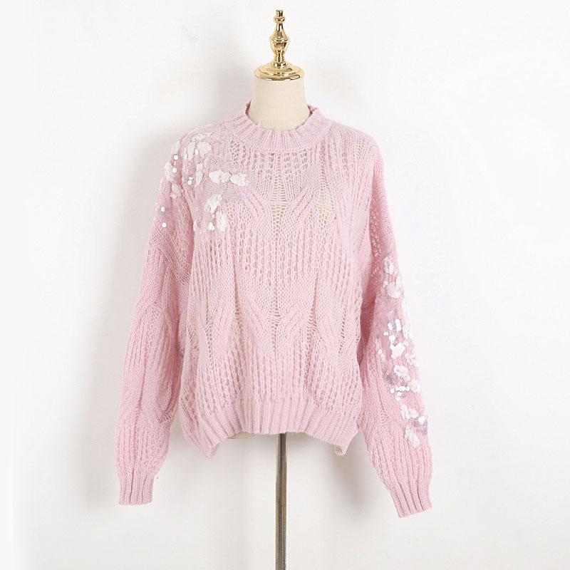 

Women' Sweaters Designer Knitted Pullovers For Women Causel O Neck Lace Sequins Twist Loose Sweater, Pink