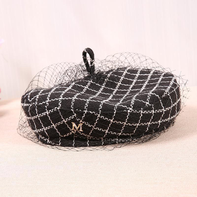 

Berets Women Autumn And Winter Mesh Plaid Beret Cap Lady Chic Headwear Female Elegant Pumpkin Hat 56-58cm, Black