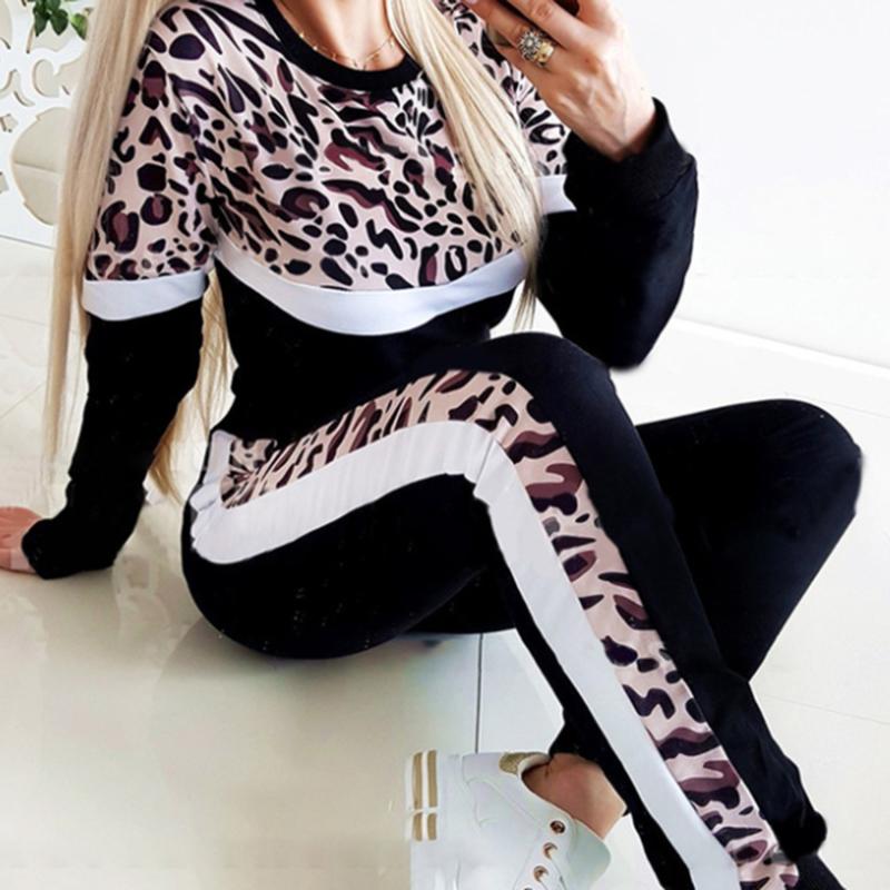 

Women's Two Piece Pants Women Fashion Two-Piece Set O-Neck Long Sleeve T-Shirt + Leopard Stripe Contrasting Color Sports Casual Suit, White