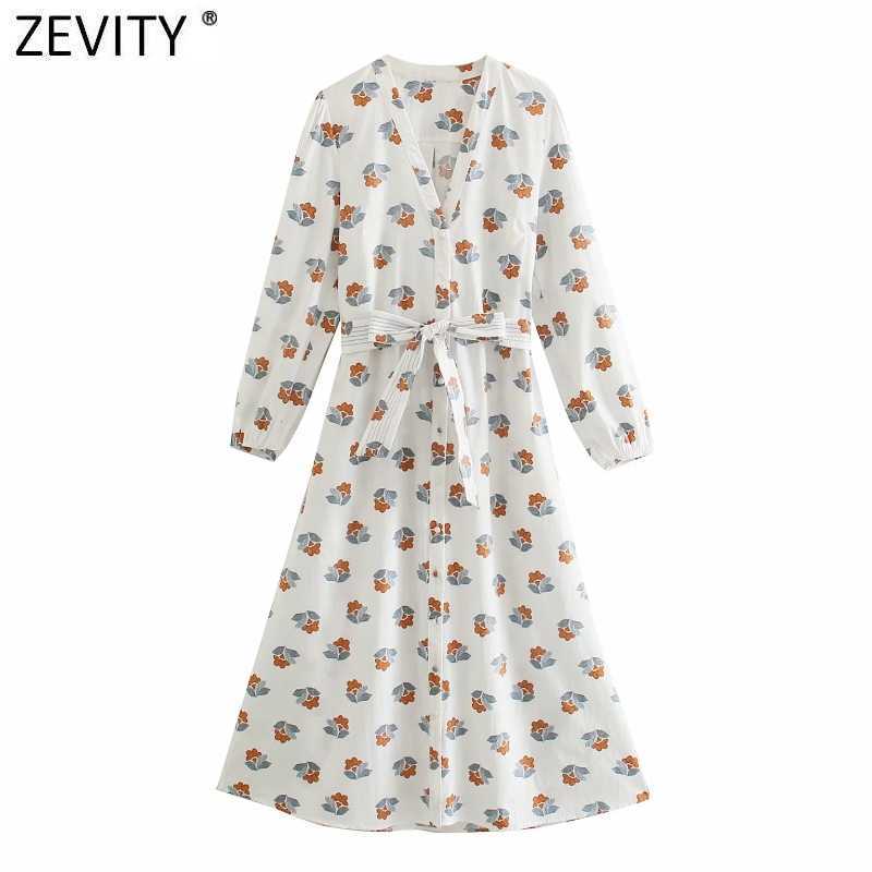 

Zevity Women Elegant Flower Print Bow Tied Sashes Midi Dress Female Chic Puff Sleeve Breasted Casual Kimono Vestidos DS8109 210603, Bb ds8109