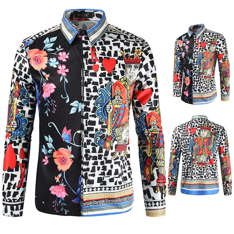 

2021 Spring Hot Sell Men Vintage Shirt Fashion Poker Red Heart k Print Long Sleeve Shirts Mens Hawaiian Casual Tops Koszula Reno, Photo color
