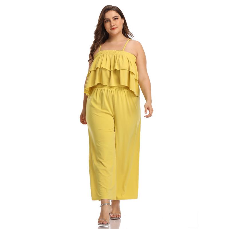 

Plus Size Women Sets 2021 Fashion Summer Female Slash Neck Ruffles Strap backless Crop Tops With High Waist Wide Leg Pants, Yellow