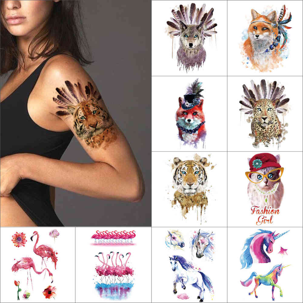 

Watercolor Arm temporary sticker flamingo unicorn waterproof Body art Feather tiger leopard fox Fake tattoo