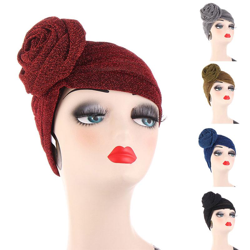 

Beanie/Skull Caps Pleated Hat All-match Muslim Turban Western Style Temperamental Rose Flower Hood Bright Silk Cap, Royal blue