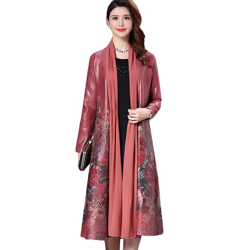 

Women's Trench Coats Elegant Ladies Coat Spring Autumn Vintage Print Scarf Collar Stitching Windbreaker Long Open Stitch Outerwear, Pink