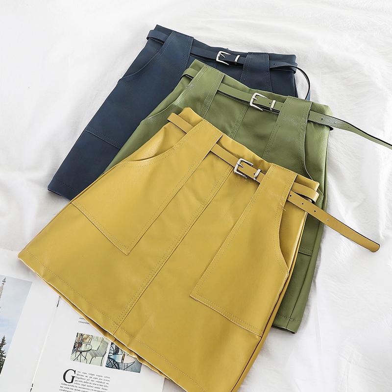 

Skirts Fall & Winter Women Slim Solid Belt Pocket PU Leather MiniSkirt Urban Ladies Sexy High Waist Above Knee A-line Short Skirt, Khaki