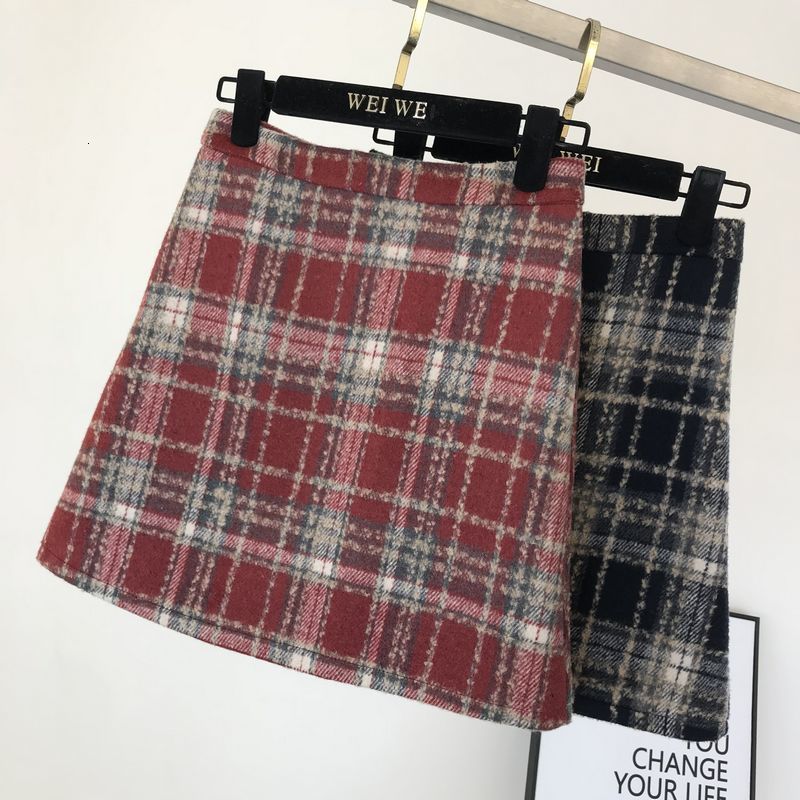 

2021 New Retro woolen plaid skirt autumn and winter high waist mid-length FZI2, Red