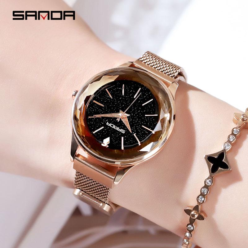 

Wristwatches SANDA Lady Crystal Watch Magnet Buckle Women Dress Fashion Quartz Female Stainless Steel, Gold