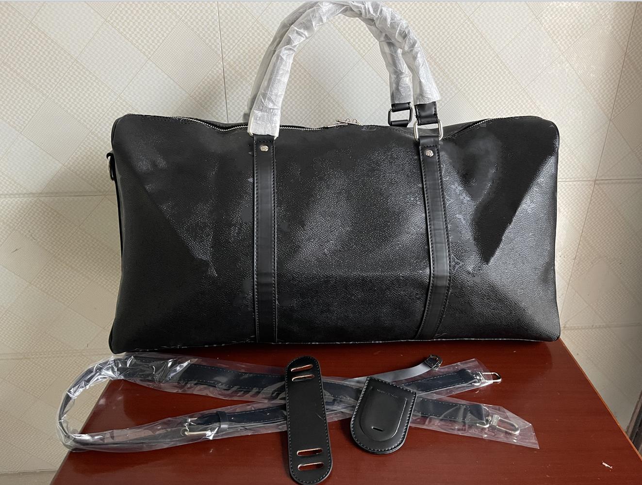 

2022 luxury fashion men women travel bag duffle bags brand designer pu Leather luggage handbags large capacity sport bag With lock 54CM, Black flower
