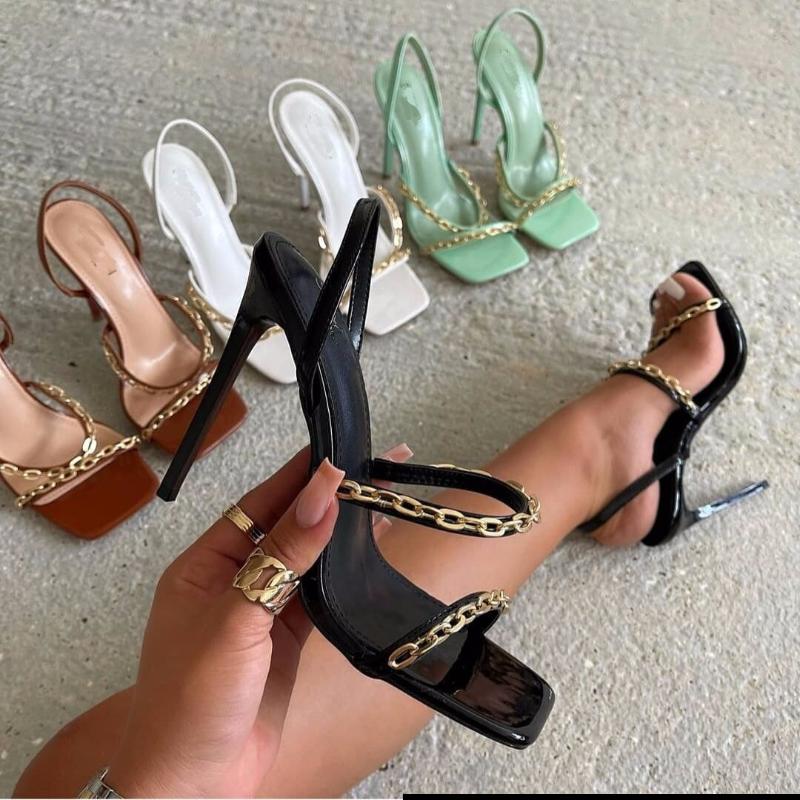 

Dress Shoes 2021 Fashion European And American Metal Chain Decoration Square Toe Stiletto Sandals Women High Heel, White