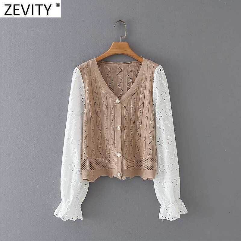 

Zevity Women Fashion V Neck Hollow Out Long Sleeve Patchwork Knitting Sweater Lady Basic Cardigans Chic Hem Wave Tops S629 210603, Fxjc s629w
