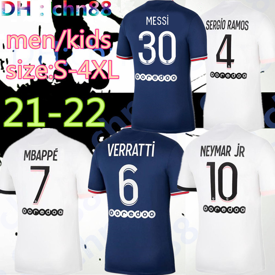 

size S-4XL Thailand MESSI MBAPPE soccer jerseys HAKIMI SERGIO RAMOS 21 22 Maillots de football shirt 2021 2022 MARQUINHOS VERRATTI men kids uniforms enfants maillot, Picture