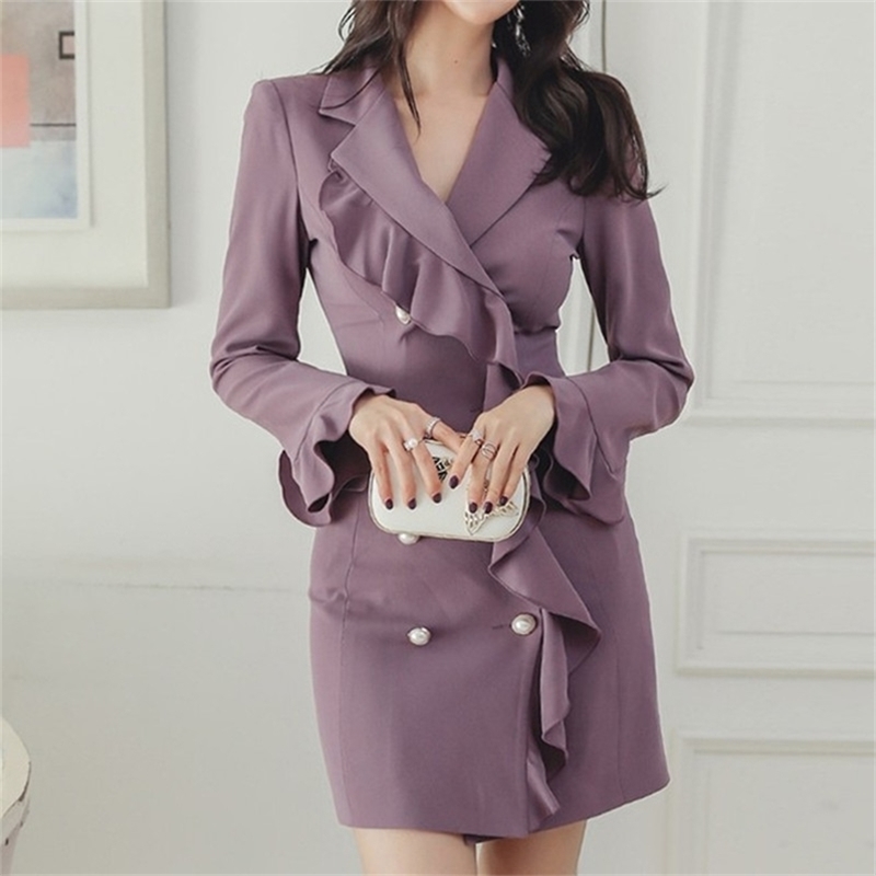 

Autumn Dress Women Notched Color Ruffles Mermaid Bodycon Dresses Elegant Wear To Office Double-breasted Vestidos 210603, Picture color
