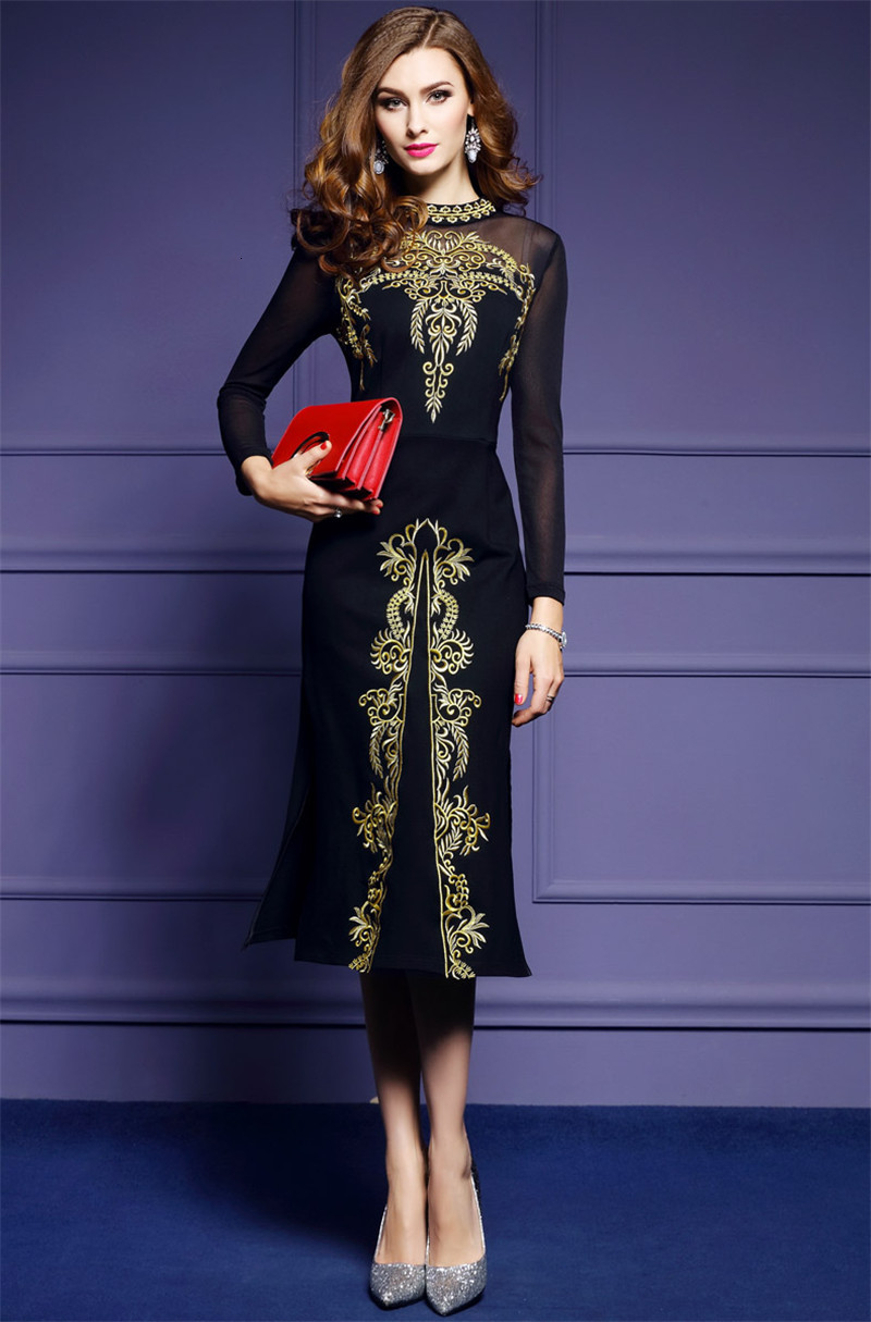 

2021 New Female Sexy Bodycon Robe Embroidery Black Es Vintage Split Party Elegant Vestidos Plus Size Wxf651 L21z