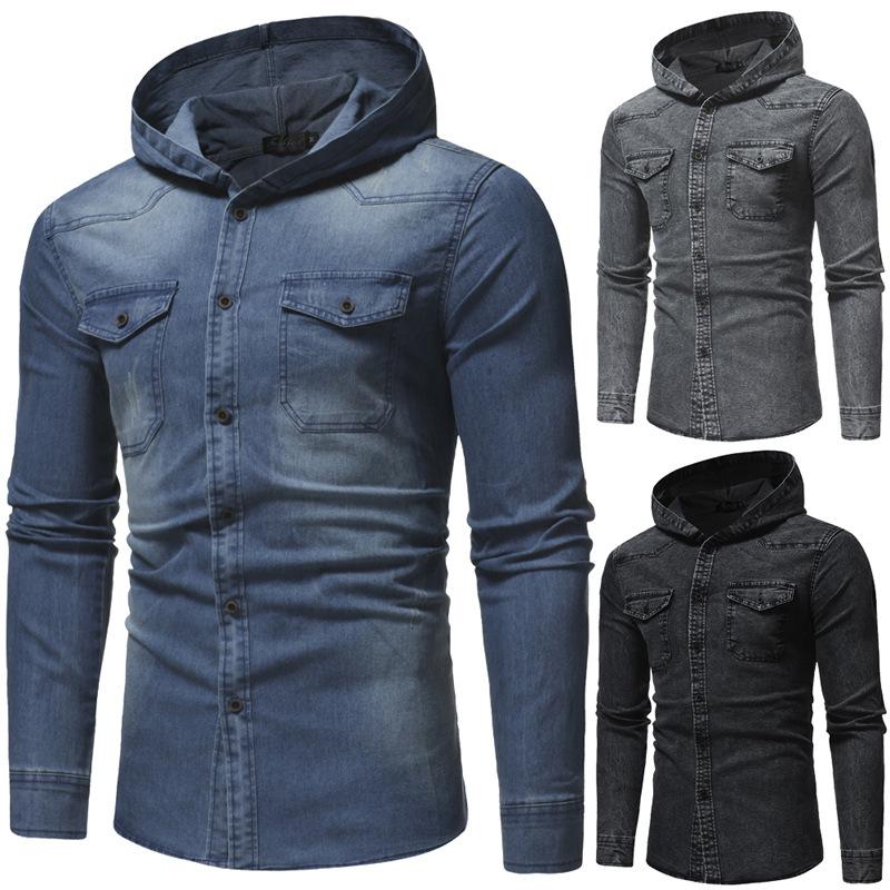 

Men's Casual Shirts 2021 DA JAUNA Spring Wash Denim Shirt Men Long Sleeve Fashion Hooded Jeans Slim Fit Brand Korean Style, Black