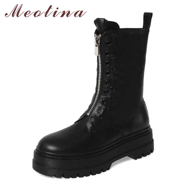 

Meotina Natural Genuine Leather Platform Flats Mid Calf Boots Women Shoes Zipper Round Toe Fashion Ladies Boots Autumn WInter 40 210608, Black synthetic lin