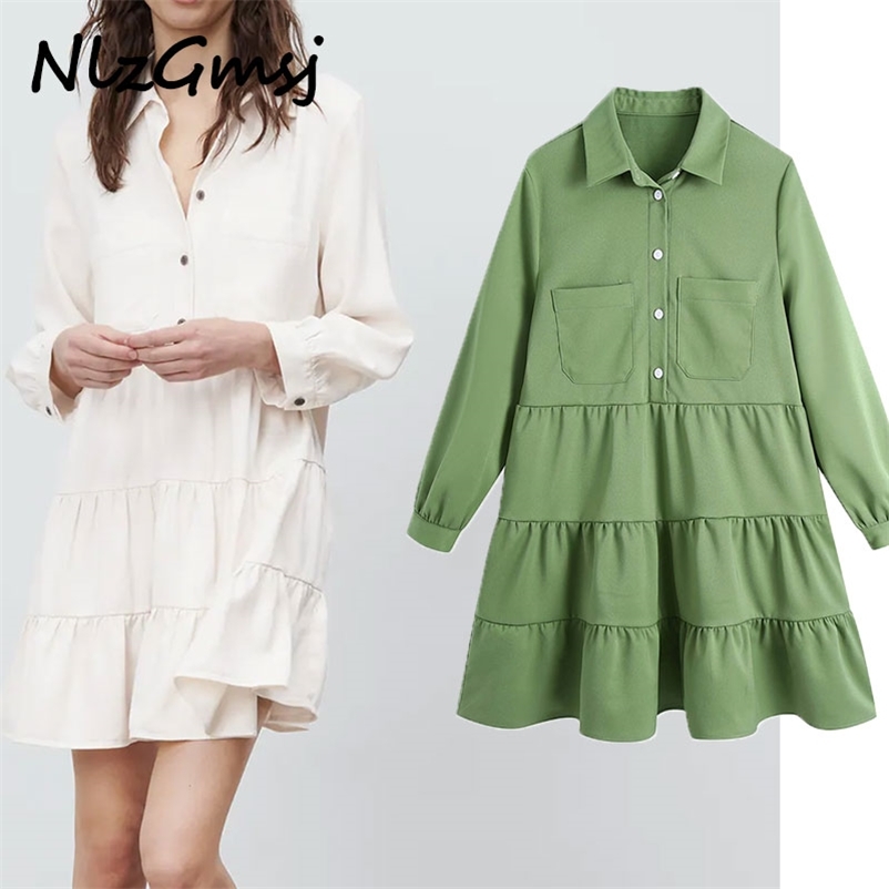 

Dres' Vintage Ruffles Pockets Mini Shirt Fashion Long Sleeve Elegant Mujer Vestidos 03 210628, As picture