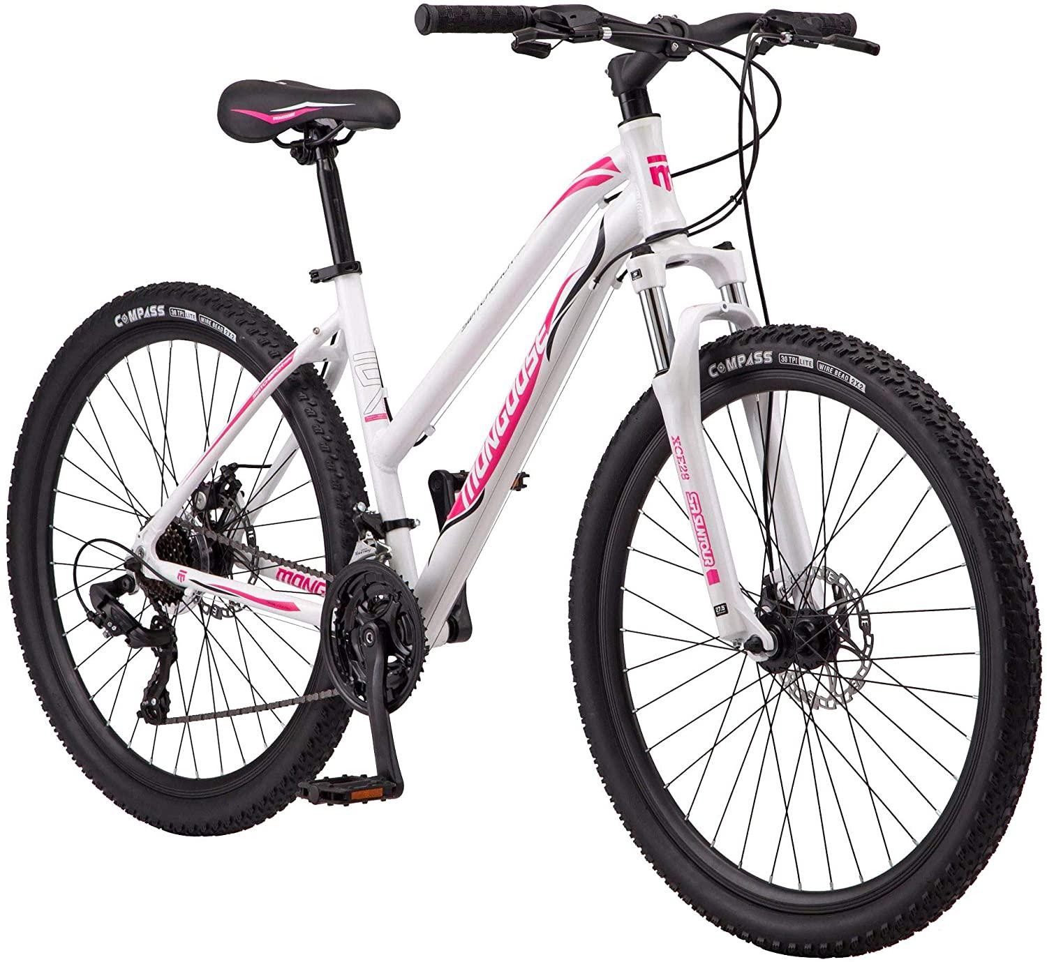 

Mongoose Switchback Adult Mountain Bike 8-21 Speeds 27.5-Inch Wheels Aluminum Frame Disc Brakes Multiple white