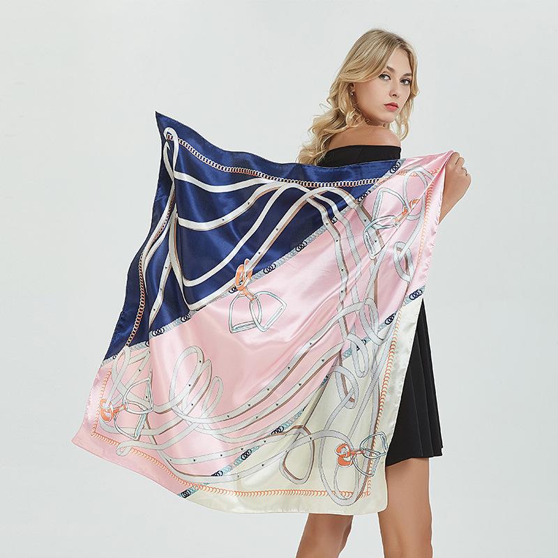 

Scarves 2021 90x90 Keychain Print Multipurpose Women Silk Twill Scarf Satin Square Tie Hairband Ladies Foulard Femme Towel Bufanda Shawl