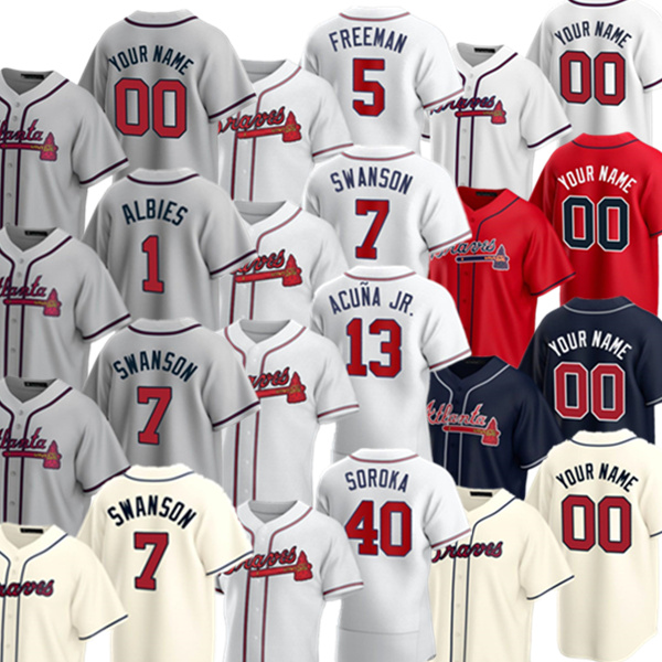 

2021 Custom 20 Marcell Ozuna Jersey 5 Freddie Freeman 7 Dansby Swanson 13 Ronald AcuÃ±a Jr. 1 Ozzie Albies 10 Chipper Jones Baseball Jerseys, Blue;black
