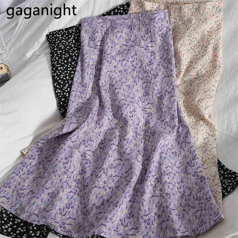 

Gaganight Casual Floral Print Summer Chiffon Skirt Women High Waist Midi A-Line Elegant Female Elastic s 210629, Purple