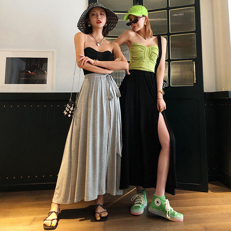 

2021 New Midi Skirt with Slit Elegant Summer for Women Lace Up Side Split Vintage Elastic Waist A-line Female Skirts Aghj, Black