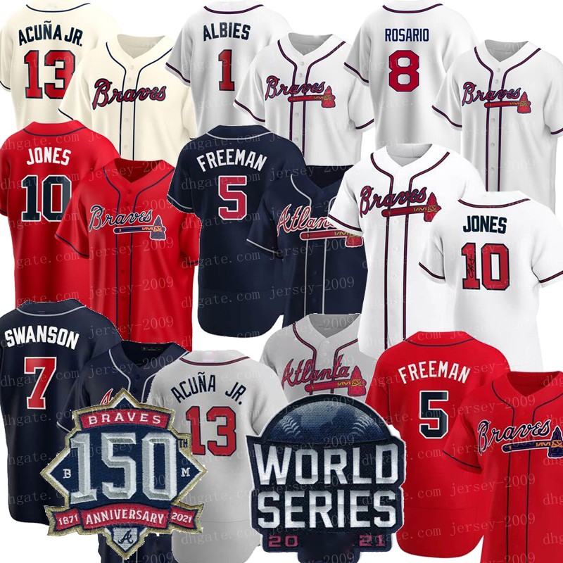 

2021 World Series 150th Atlanta 5 Freddie Freeman Braves Jerseys Austin Riley Ozzie Albies Dansby Swanson Adam Duvall Ronald AcuÃ±a Jr. Ender, Blue;black