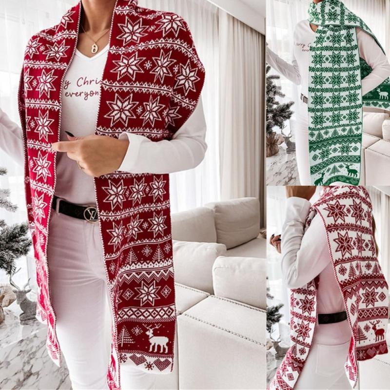 

Scarves Christmas Gift Elk Snowflake Jacquard Double-Sided Knitted Scarf 2021 Winter European And American Women's