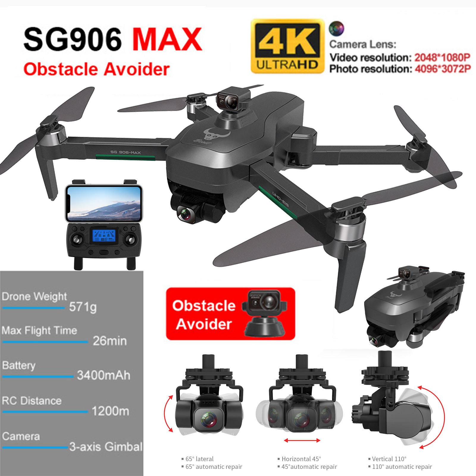 

SG906 Pro MAX drone 4k HD Automatic Obstacle Avoidance 3-Axis Gimbal 5G WiFi GPS Drone height preservation, Black