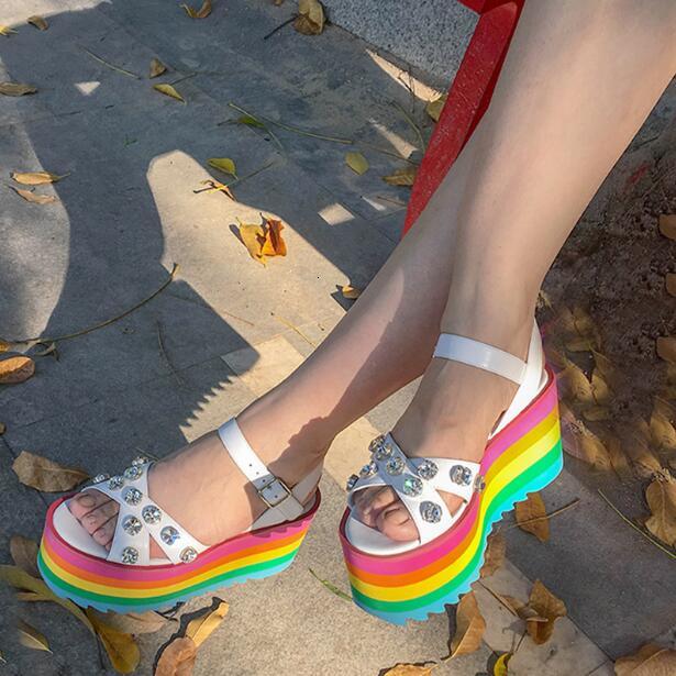 

sandals thick rainbow woman single platform in women's sandals white leather bling strass ankle studs peep toe shoes 2294, Black