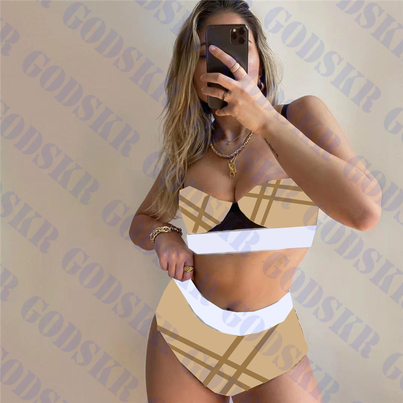 

Classic Womens Bikini Underwear Set Textile Plaid Printed Ladies Swimsuit Bikinis High Waist Gathered Women Swimwear, Please contact me real picture