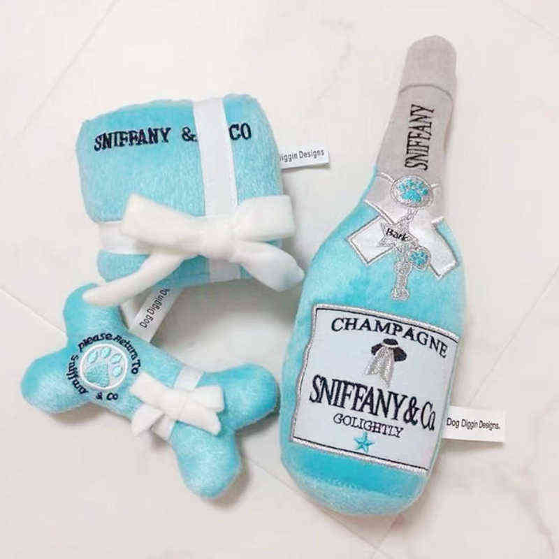 

Luxury Dog Toys Chewy Dog Chew Toy INS Champagne Dog Fashion Designer Squeak Toy Unique Squeak Plush Passion for Pet Supplies H1111, Blue champagne
