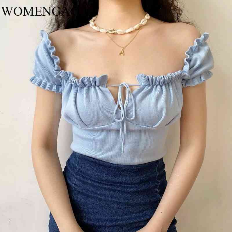 

Puff Sleeve Short T-shirt Female Ins European Women' Summer Drawstring Small Fashionable Top Lace W69Q 210603, Black