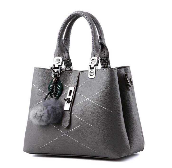 

CLASSIC FLOWER HBP Embroidery Messenger Bags Women Leather Handbags Sac a Main Ladies hair ball Hand Bag lady Tote Dark Grey color, Deeppink
