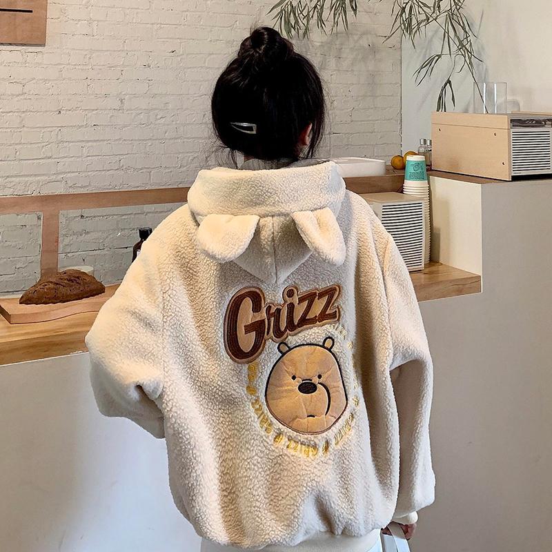 

Women's Hoodies & Sweatshirts 2021 Autumn Winter Lamb Wool Plus Velvet Thick Zip Hoodie Women Korean Version Ins Loose Cute Cardigan Sweatsh, Black