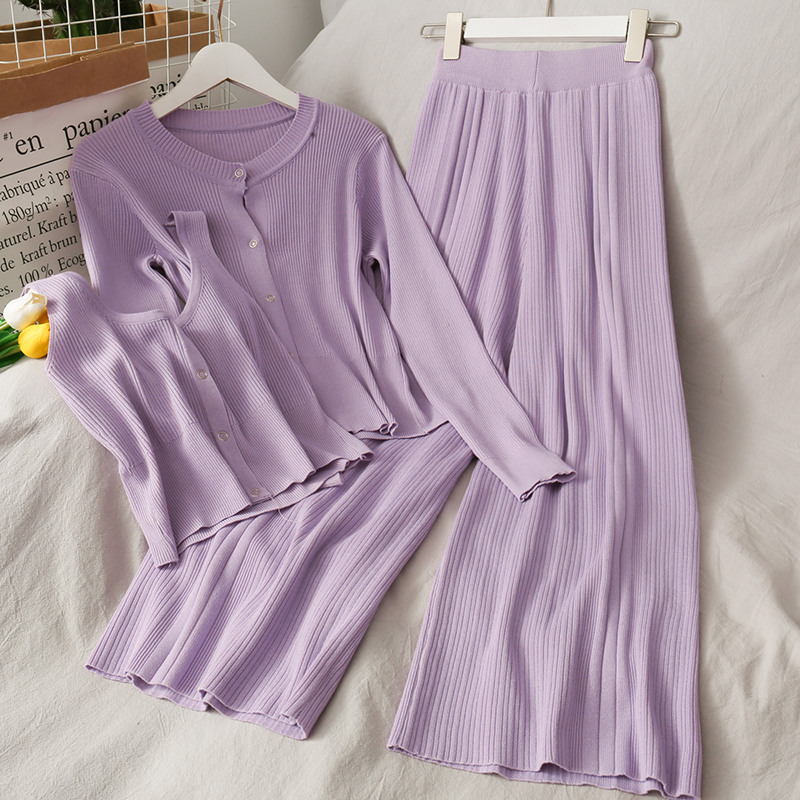 

Three-piece set with short tight-fitting camisole round neck long sleeve knitted jacket high waist wide leg pants summer, Black;brown