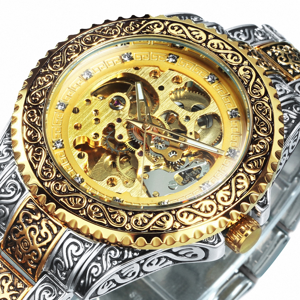 

WINNER Gold Skeleton Mechanical Watch Men Automatic Vintage Royal Fashion Engraved Auto Wrist Watches Top Brand Luxury Crystalg, Golden-black