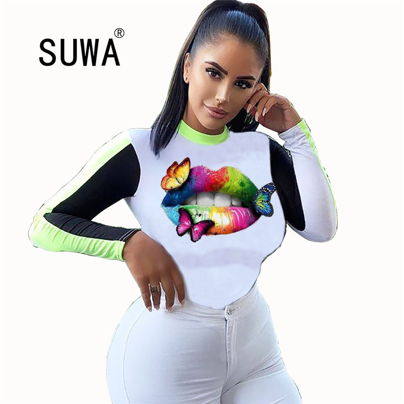 

Wholesale Product Autumn Women Lips Print O-neck Long Sleeve Patchwork T-shirt Tops Slim-fit Tunic Tee Streetwear 210525, Pink