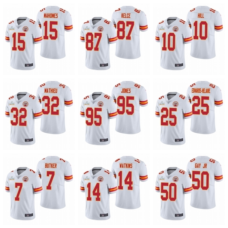 

15 Patrick Mahomes 87 Travis Kelce 10 Hill 32 Mathieu Kansas City Super Chief Men White Limited Football Jersey Bowl, 11