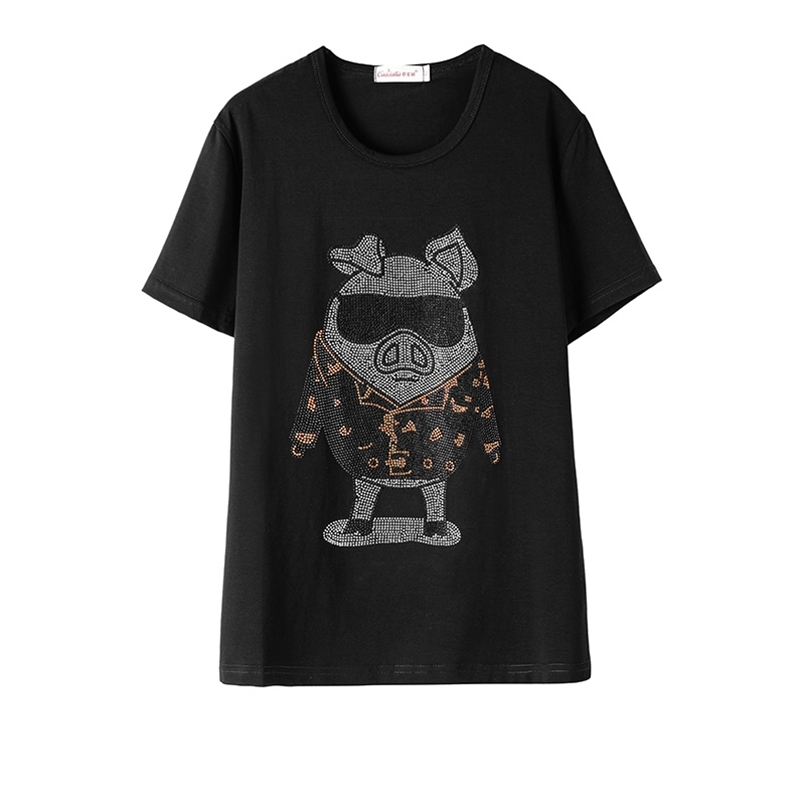 

Fashion Diamond Cartoon Large Size T-Shirt Women Summer Loose Short Sleeve Black Drilling Tops Tees T109 210708