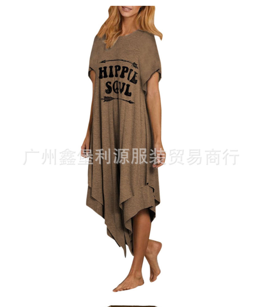 

Dress hem irregular spring and summer letter printing casual long round neck short sleeve women's wear, Black;gray
