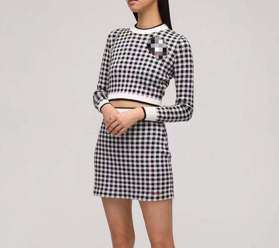 

120 2021 Summer Runway Dress Two Pieces Sets Dress Crew Neck Long Sleeve Empire Plaid Brand SAme Style qian, Red