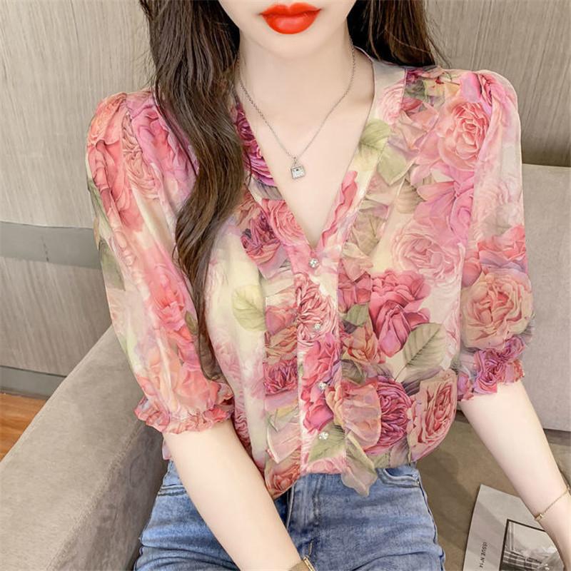 

Women' Blouses & Shirts Floral Chiffon Women French Style Temlperament Half Sleeve Loose V-Neck Ropa De Mujer Blusas Tops MM0921, Pink