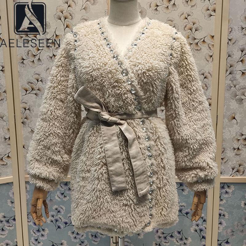 

Women's Trench Coats AELESEEN Fashion Designer 2021 Winter Coat Women Gray Ultramarine Luxury Beading Belt Green Hair Warm, Tan;black