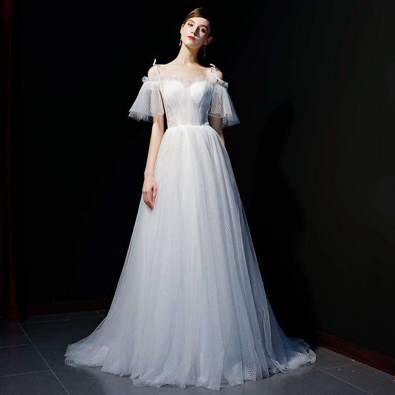 

2021 New Ensotek Dot Tulle Off Shoulder Wedding Es a Line Fashion Bohemian Bridal Gowns Pleats Shimmy Vestido De Noivas Tce5, White