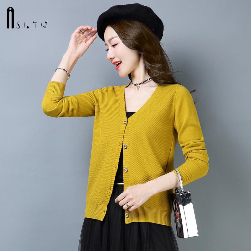 

Women's Sweaters ASLTW Sweater 2021 Spring V Neck Lady's Long Sleeve Single Breasted Solid Casual Cardigan, Yellow