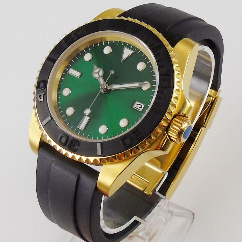 

Wristwatches 40mm Green Sterile Dial Luminous Ceramic Bezel Date Rubber Sapphire Glass Gold Automatic NH35 Miyota 8215 MOVEMENT Mens Watch, Solid case back
