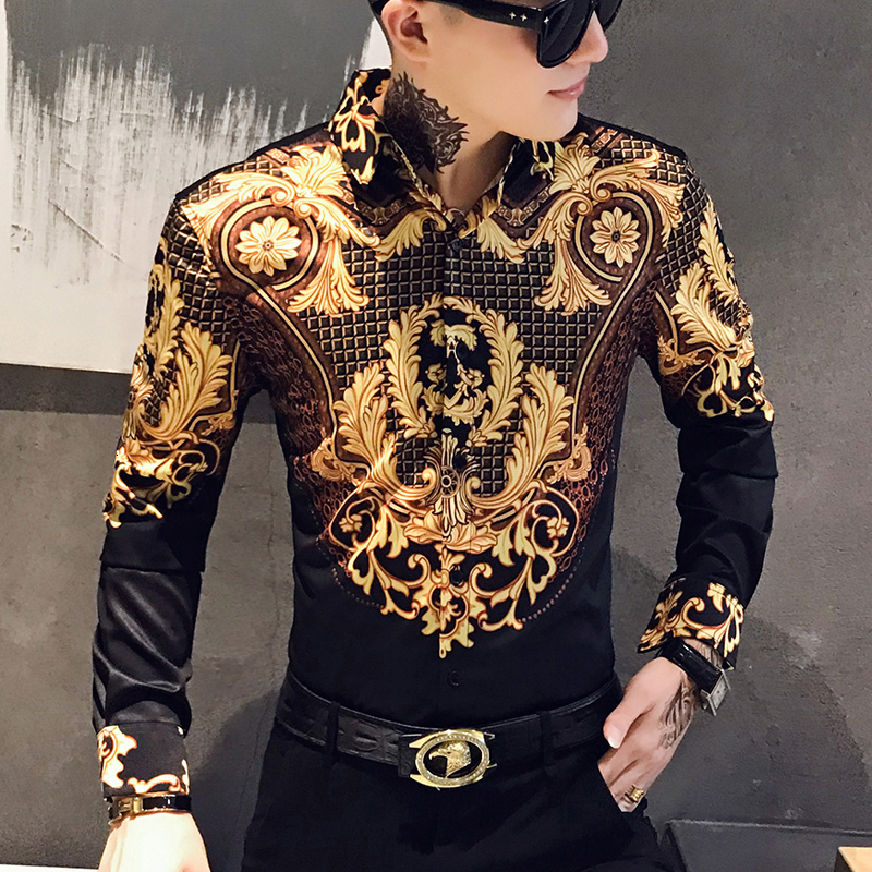 

2021 New Luxury Paisley Black Gold Print Royal Club Clothing Men's Slim Long Sleeve Tuxedo Casual Street Wear Shirt Men Ko7d, White