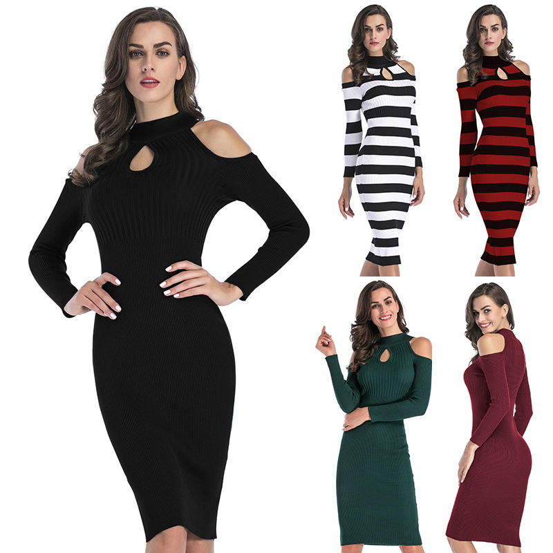 

2021 New Fashion Women Midi Halter Black and White Stripe Summer Knitted Es Spring Autumn Elegant Vestidos Heigh Waist Rqnp, Red stripe