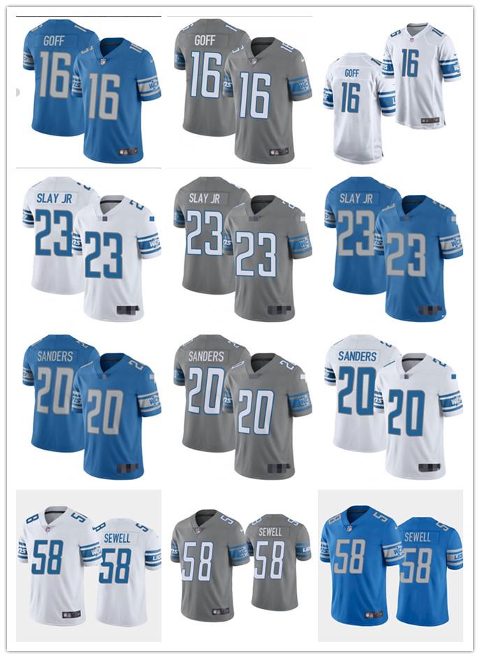 

Men Women Youth DetroitLions16 Jared Goff 23 Darius Slay Jr 20 Barry Sanders 58 Penei Sewell White Blue Football Jersey, Black;red